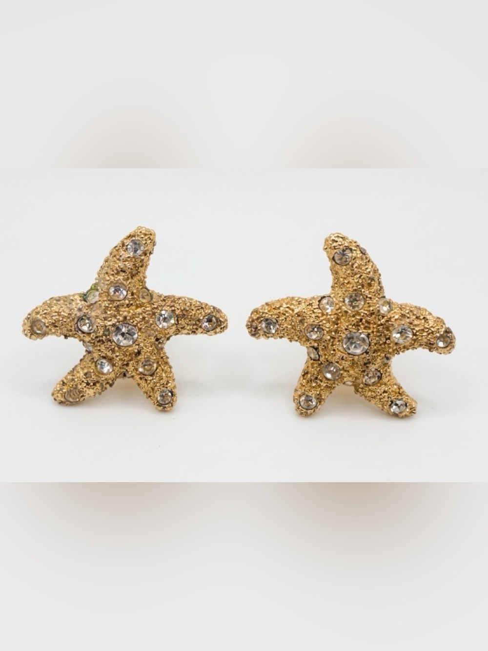 Starfish Gold Tone Clip Earrings Carolee Rhinestone Pave Bling Vtg Star Fish